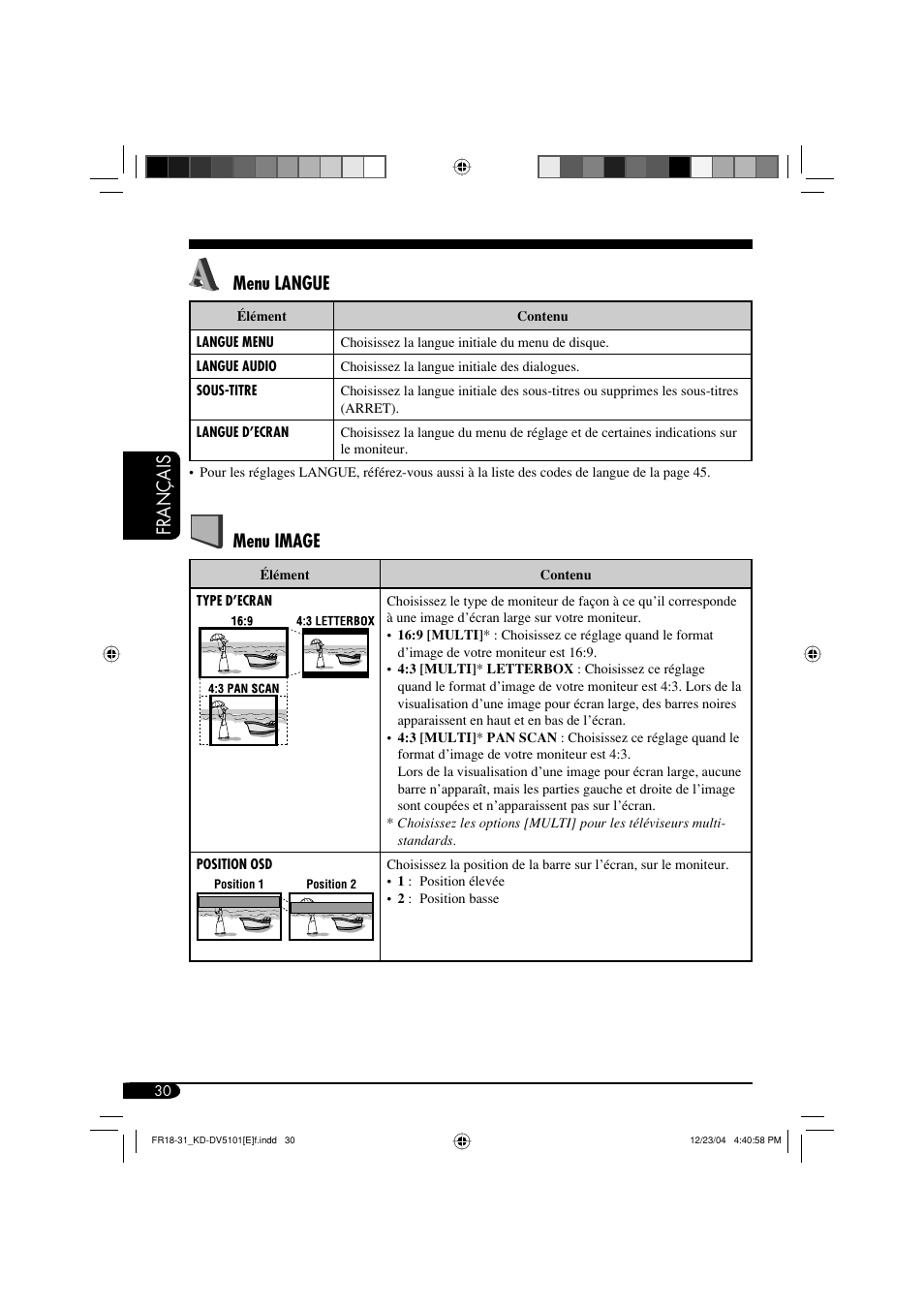 Français, Menu langue, Menu image | JVC KD-DV5101 User Manual | Page 134 / 211