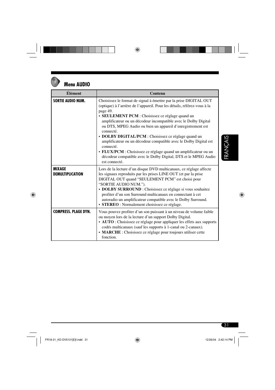 Français menu audio | JVC KD-DV5101 User Manual | Page 135 / 211