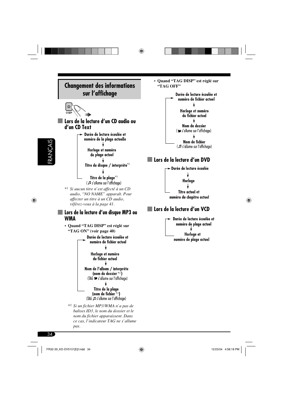 Changement des informations sur l’affichage, Français, Lors de la lecture d’un cd audio ou d’un cd text | Lors de la lecture d’un disque mp3 ou wma | JVC KD-DV5101 User Manual | Page 138 / 211