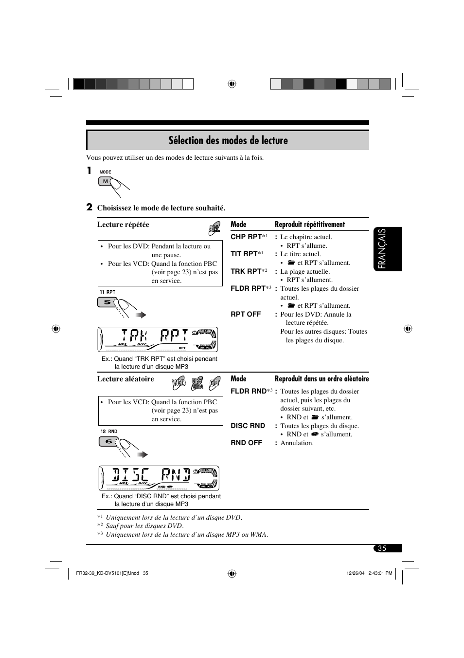 Sélection des modes de lecture, Français | JVC KD-DV5101 User Manual | Page 139 / 211