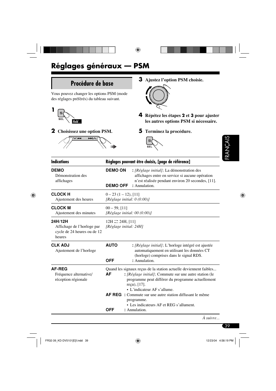 Réglages généraux — psm, Procédure de base, Français | JVC KD-DV5101 User Manual | Page 143 / 211