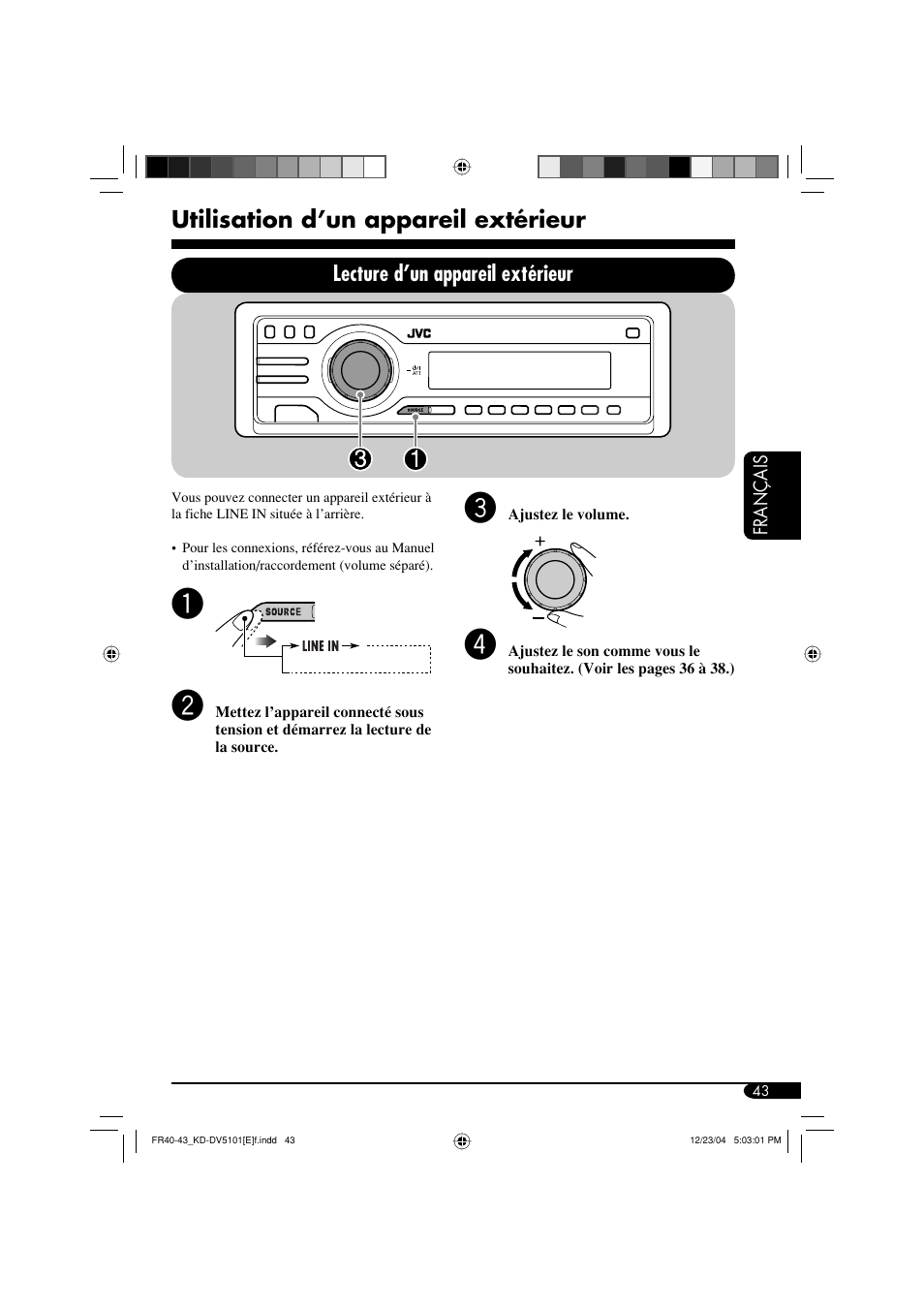 Utilisation d’un appareil extérieur, Lecture d’un appareil extérieur | JVC KD-DV5101 User Manual | Page 147 / 211