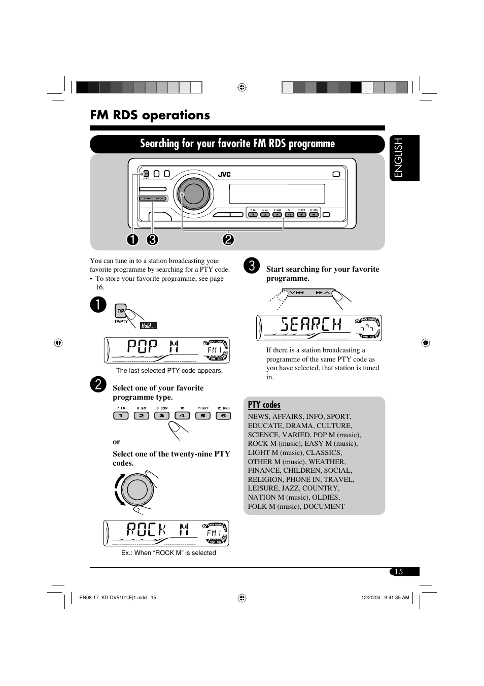 Fm rds operations, Searching for your favorite fm rds programme | JVC KD-DV5101 User Manual | Page 15 / 211