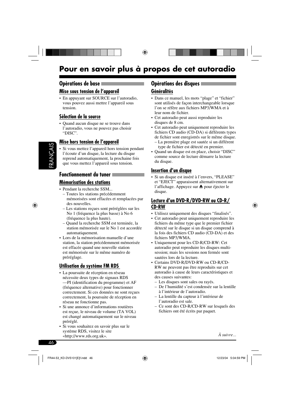 Pour en savoir plus à propos de cet autoradio, Français opérations de base, Fonctionnement du tuner | Opérations des disques | JVC KD-DV5101 User Manual | Page 150 / 211