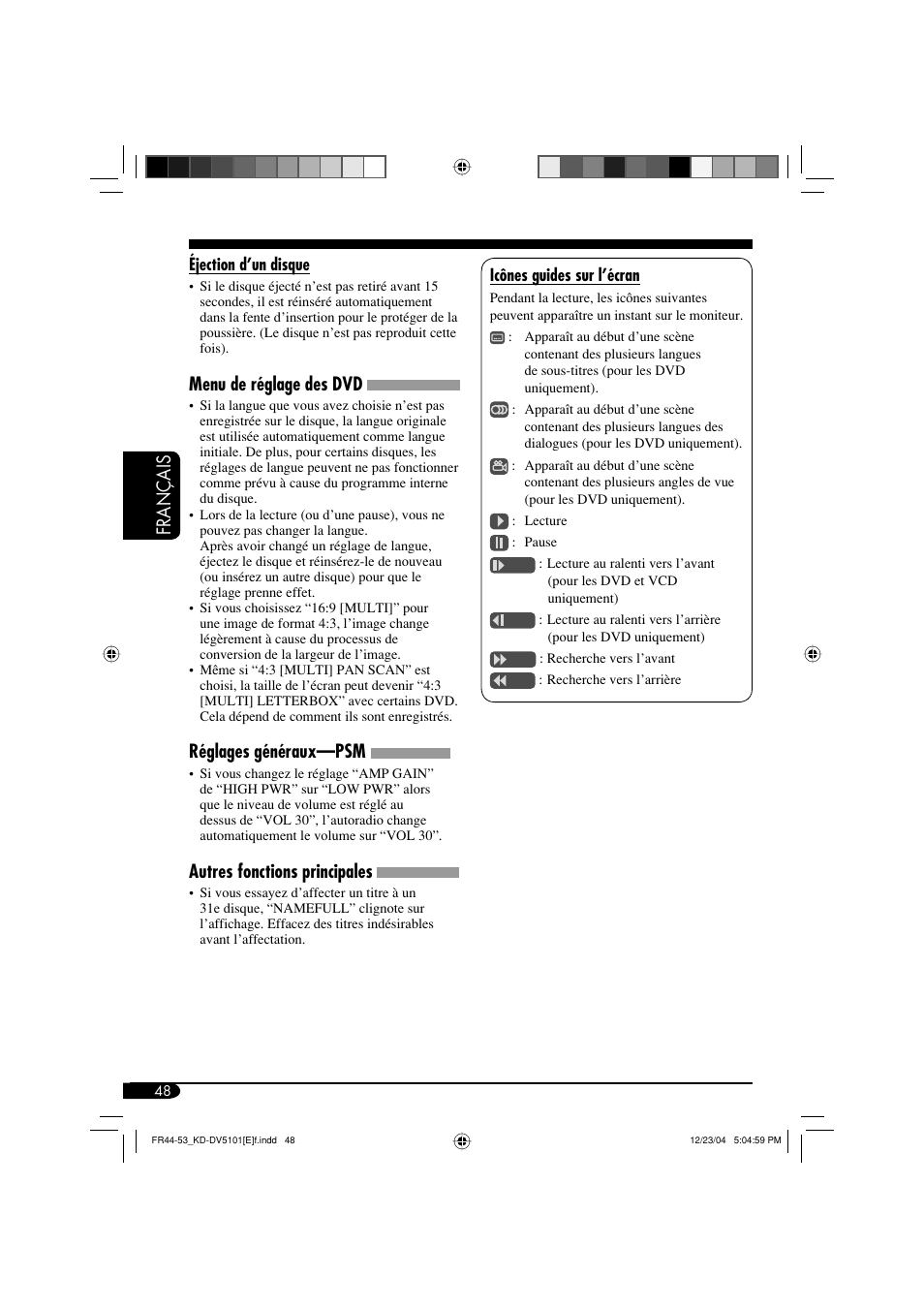 Français, Menu de réglage des dvd, Réglages généraux—psm | Autres fonctions principales | JVC KD-DV5101 User Manual | Page 152 / 211