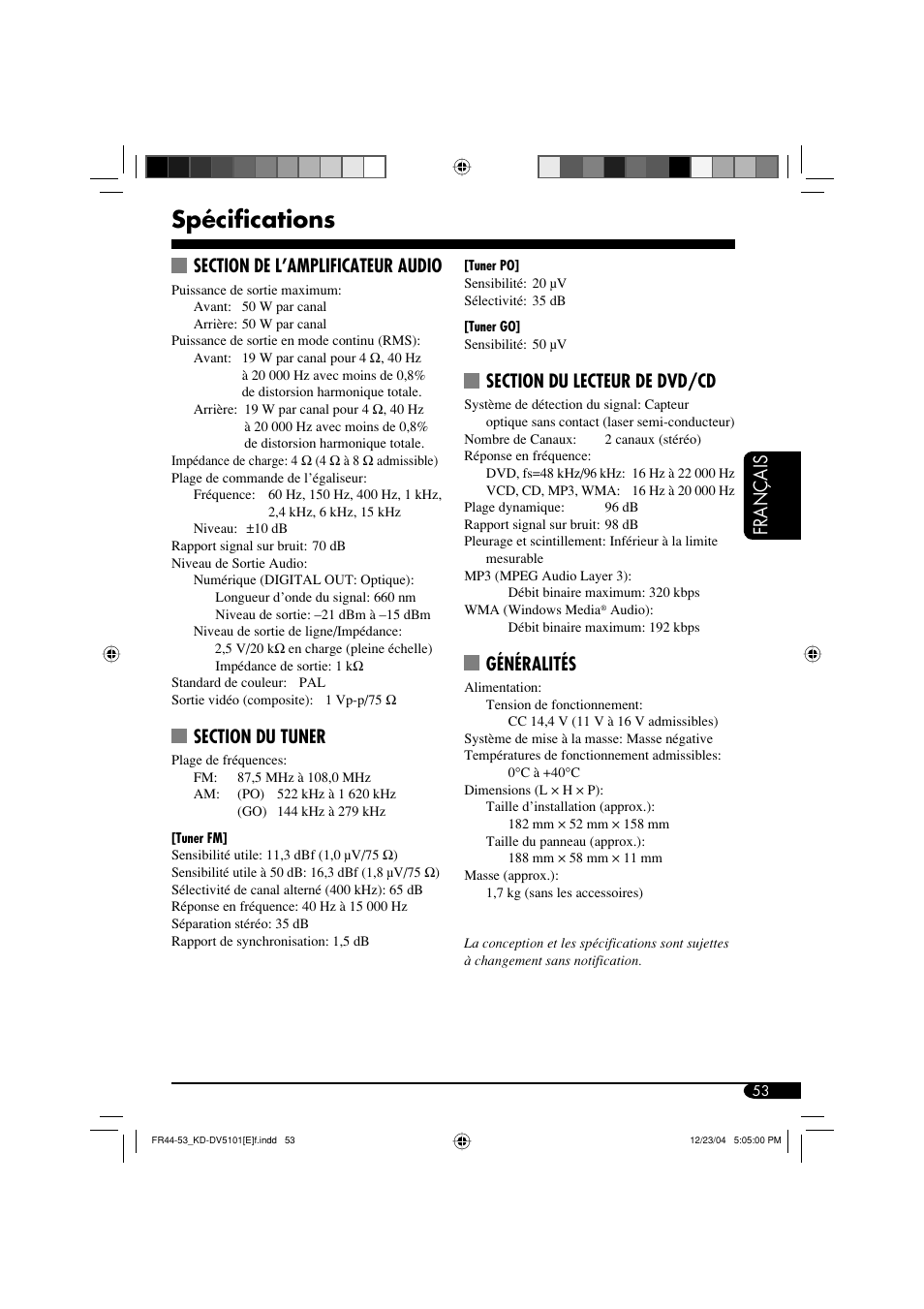 Spécifications, Français, Généralités | JVC KD-DV5101 User Manual | Page 157 / 211