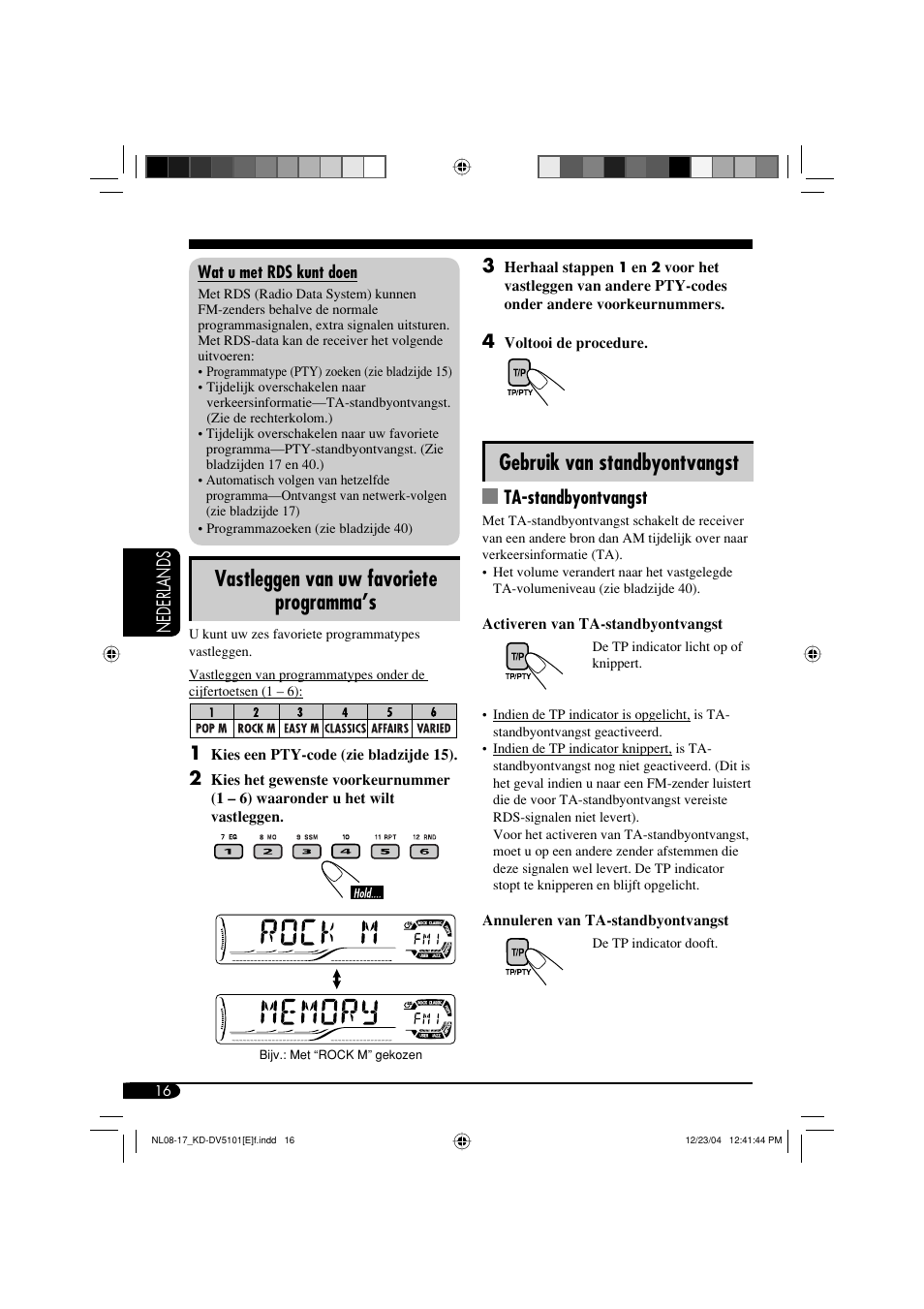 Vastleggen van uw favoriete programma’s, Gebruik van standbyontvangst, Nederlands | Ta-standbyontvangst | JVC KD-DV5101 User Manual | Page 172 / 211