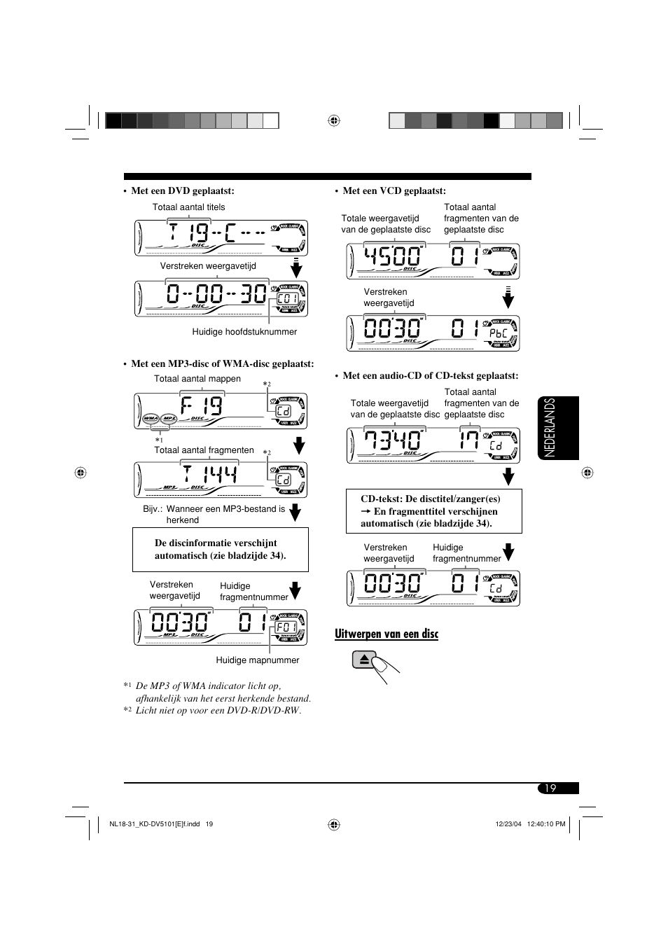 Nederlands, Uitwerpen van een disc | JVC KD-DV5101 User Manual | Page 175 / 211