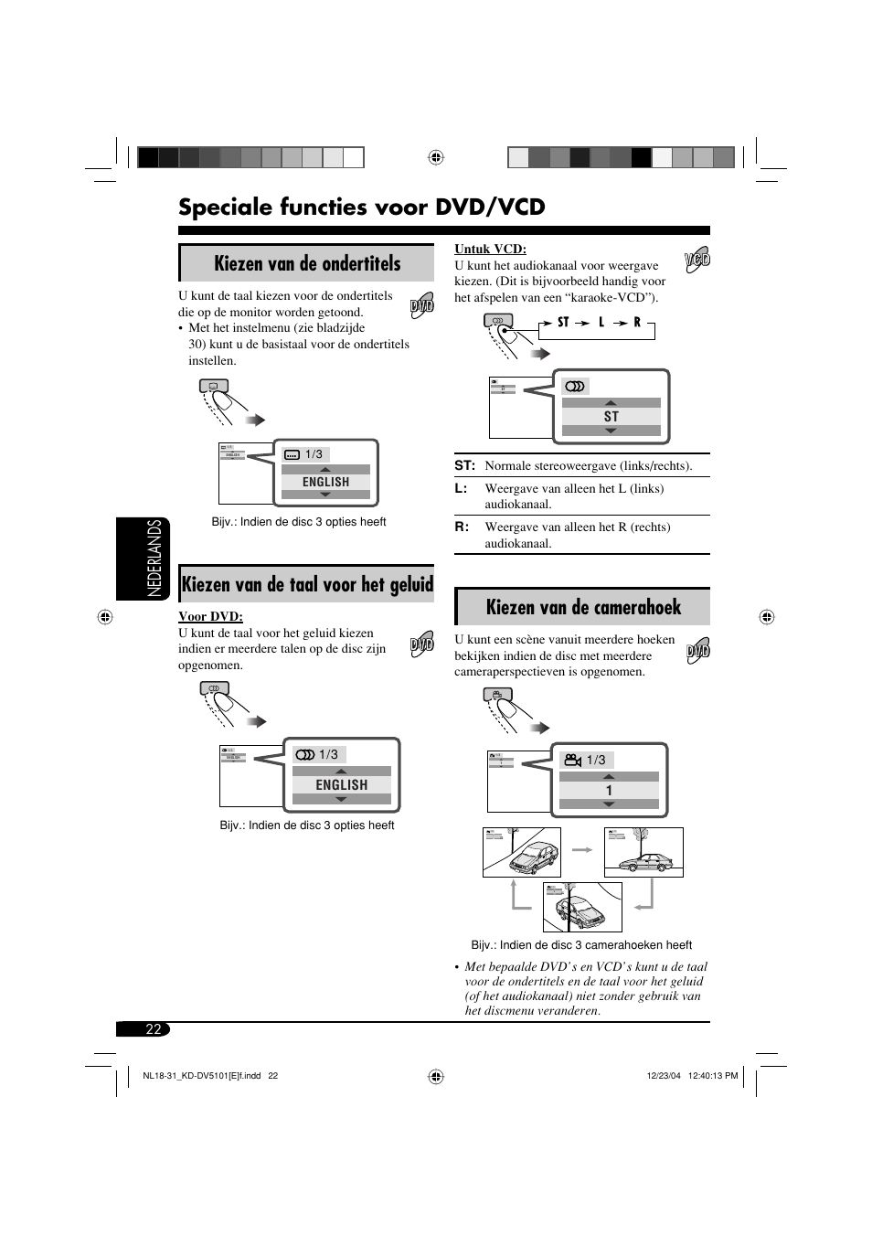 Speciale functies voor dvd/vcd, Kiezen van de ondertitels, Kiezen van de taal voor het geluid | Kiezen van de camerahoek, Nederlands | JVC KD-DV5101 User Manual | Page 178 / 211