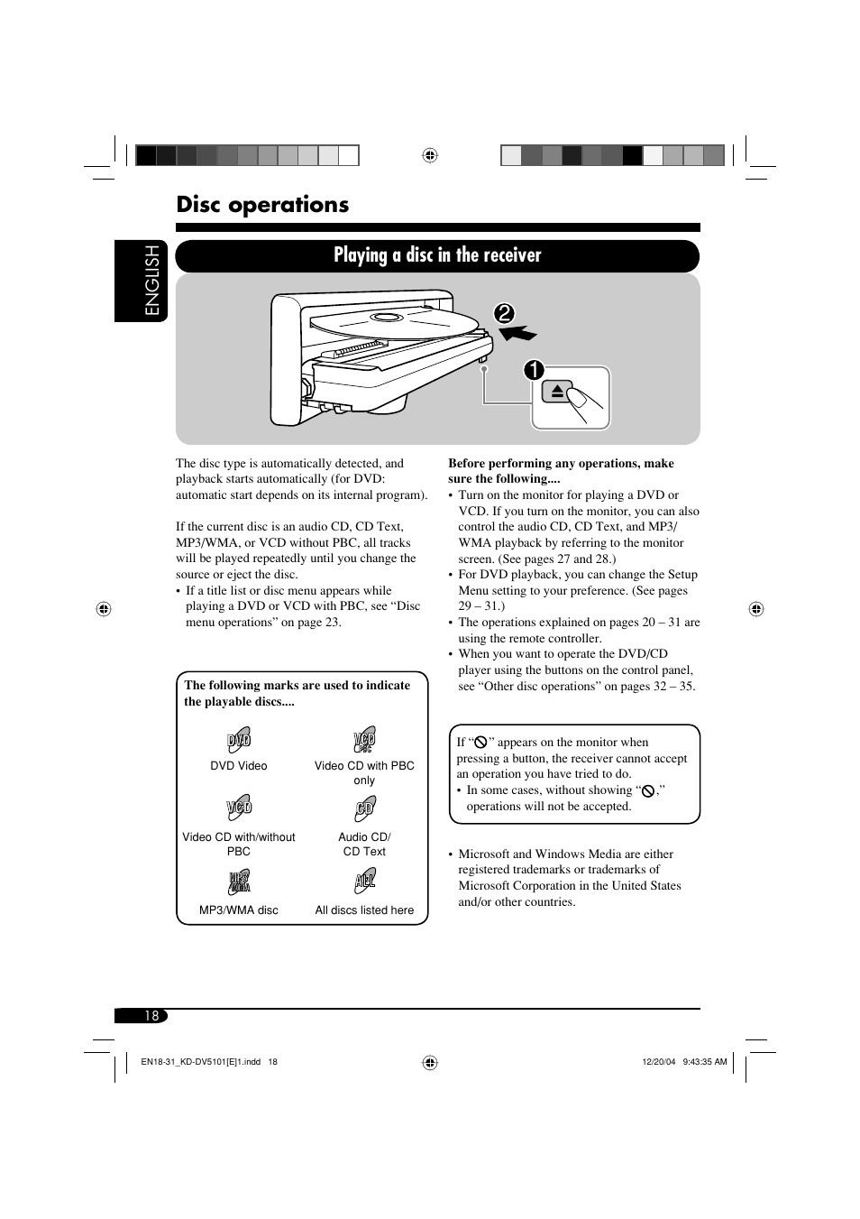 Disc operations, Playing a disc in the receiver, English | JVC KD-DV5101 User Manual | Page 18 / 211