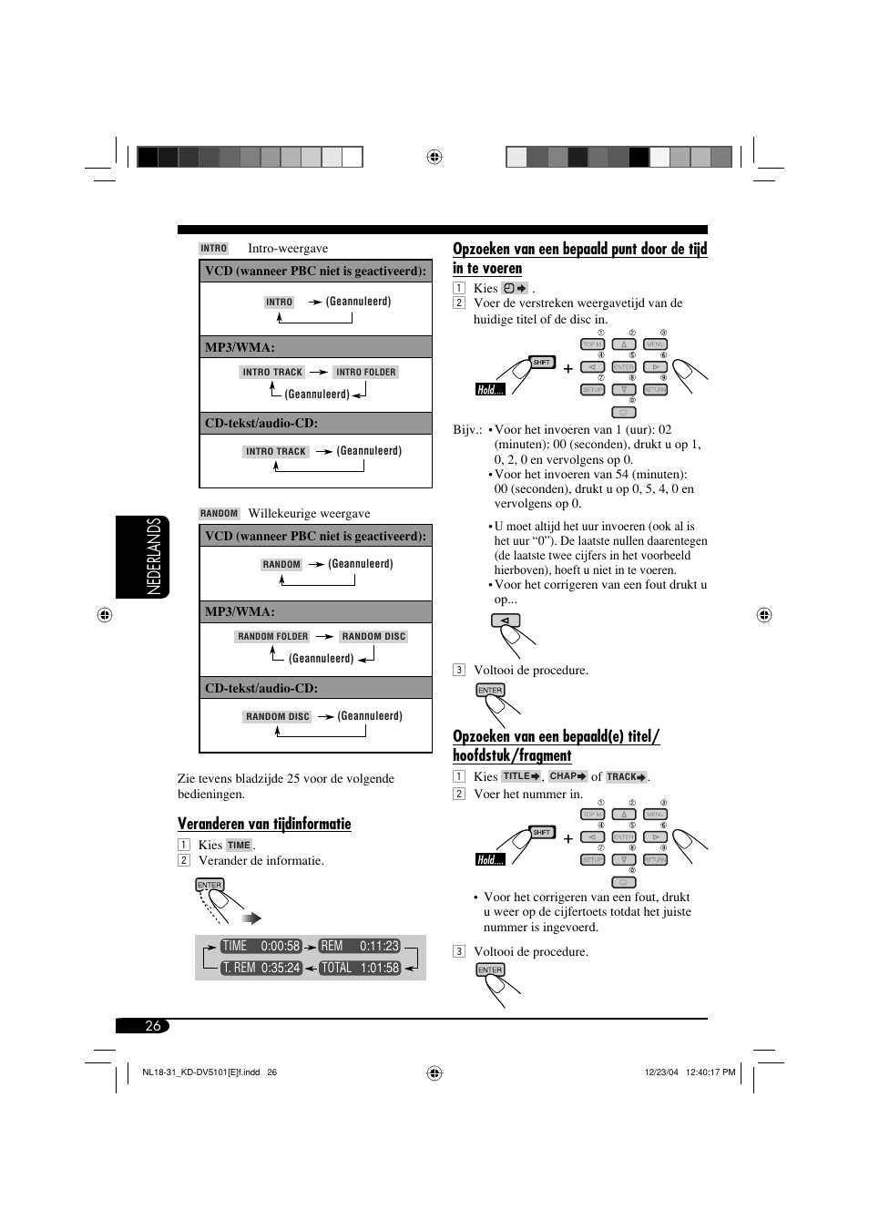 Nederlands, Veranderen van tijdinformatie | JVC KD-DV5101 User Manual | Page 182 / 211