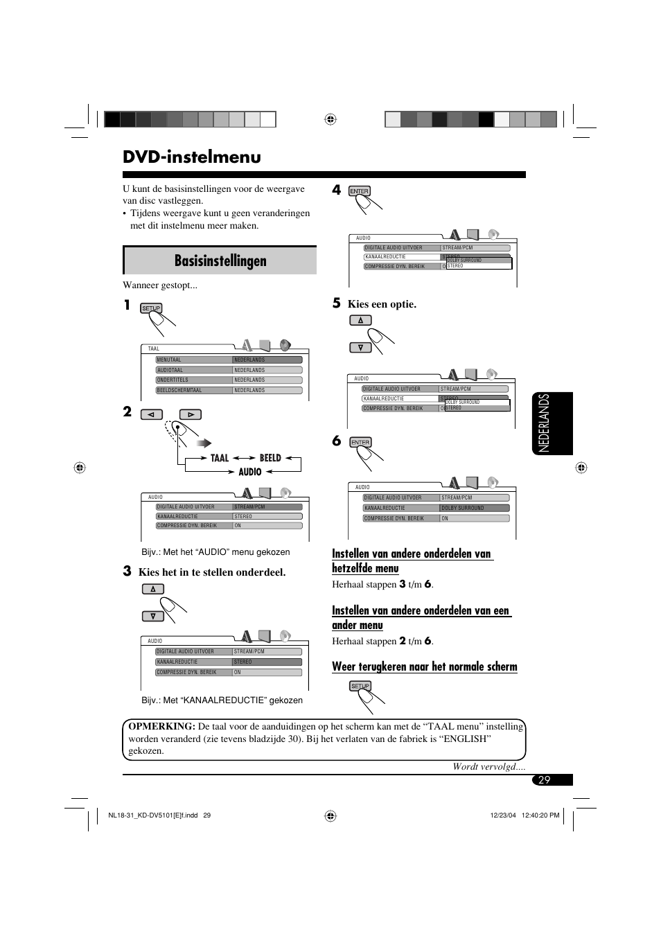 Dvd-instelmenu, Basisinstellingen, Nederlands | Instellen van andere onderdelen van hetzelfde menu, Instellen van andere onderdelen van een ander menu, Weer terugkeren naar het normale scherm, Kies het in te stellen onderdeel, Kies een optie | JVC KD-DV5101 User Manual | Page 185 / 211