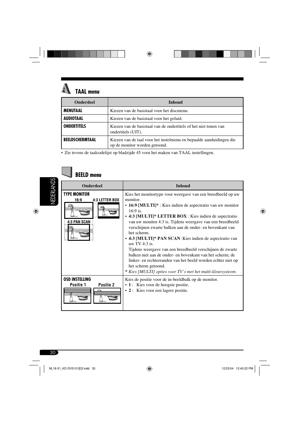Nederlands taal menu, Beeld menu | JVC KD-DV5101 User Manual | Page 186 / 211