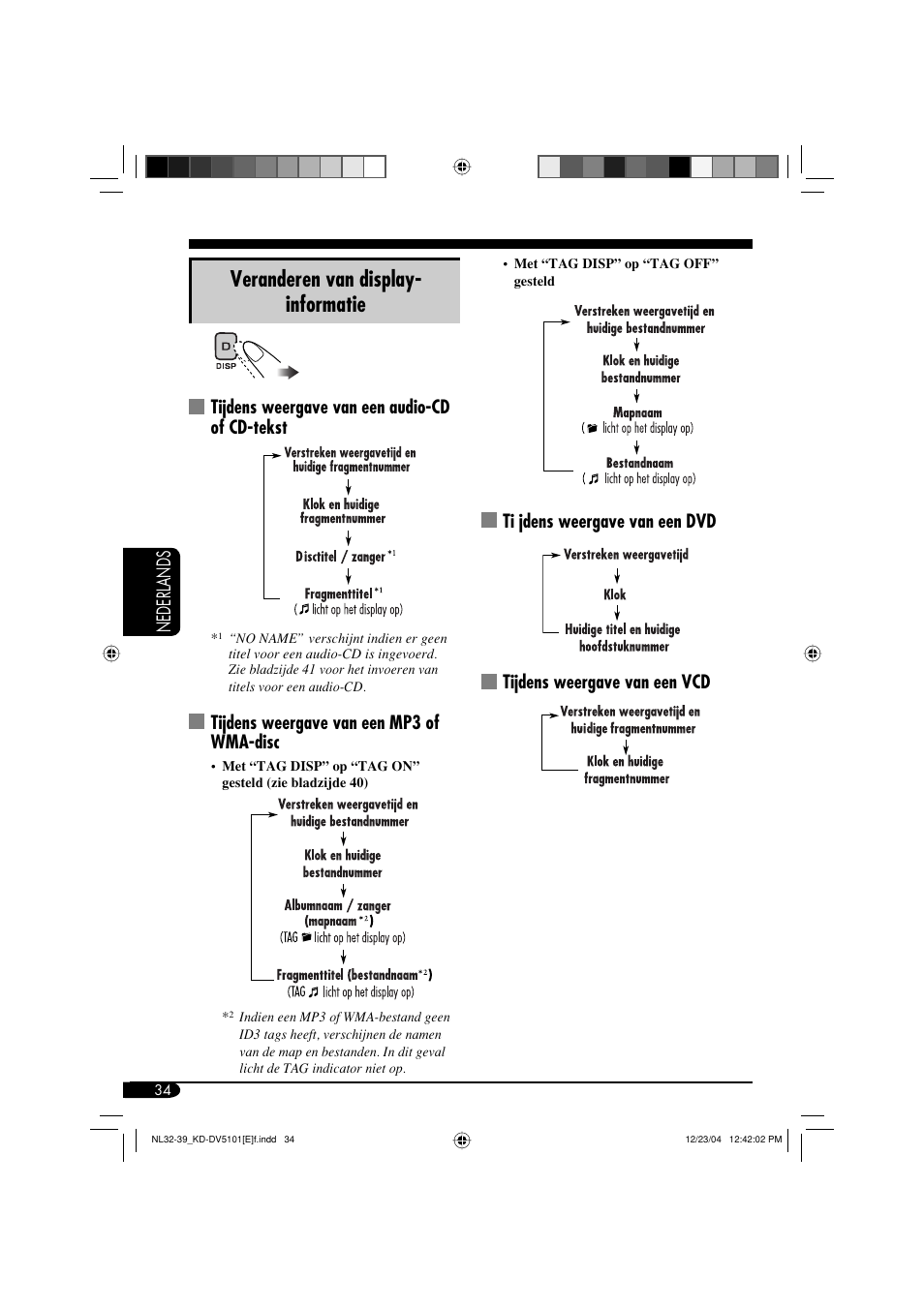 Veranderen van display- informatie, Nederlands, Tijdens weergave van een audio-cd of cd-tekst | Tijdens weergave van een mp3 of wma-disc | JVC KD-DV5101 User Manual | Page 190 / 211