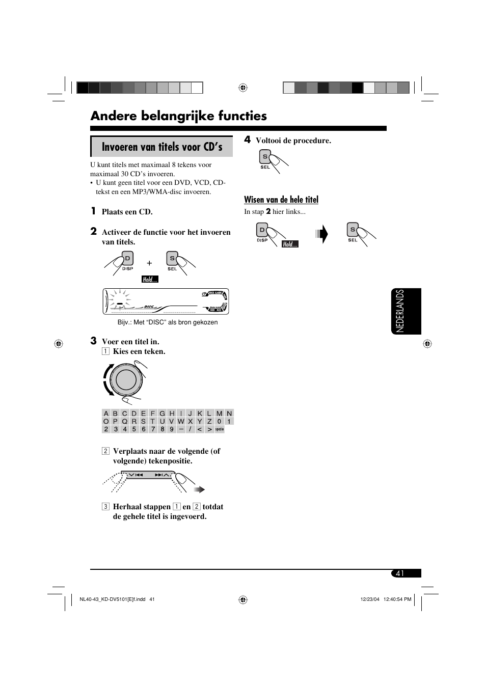 Andere belangrijke functies, Invoeren van titels voor cd’s, Nederlands | JVC KD-DV5101 User Manual | Page 197 / 211