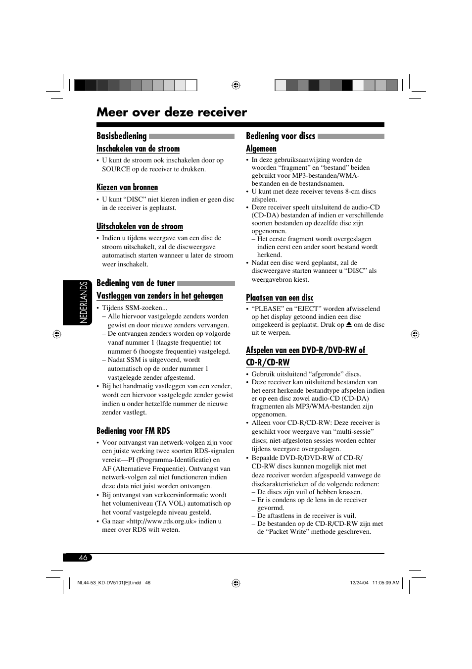 Meer over deze receiver, Nederlands, Basisbediening | Bediening van de tuner, Bediening voor discs | JVC KD-DV5101 User Manual | Page 202 / 211