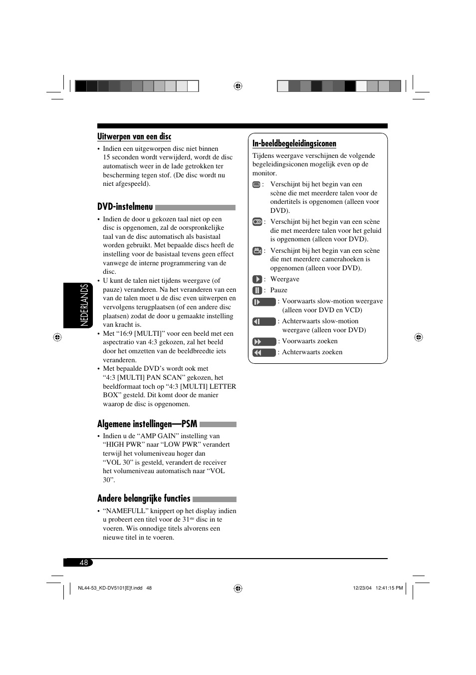 Nederlands, Dvd-instelmenu, Algemene instellingen—psm | Andere belangrijke functies | JVC KD-DV5101 User Manual | Page 204 / 211