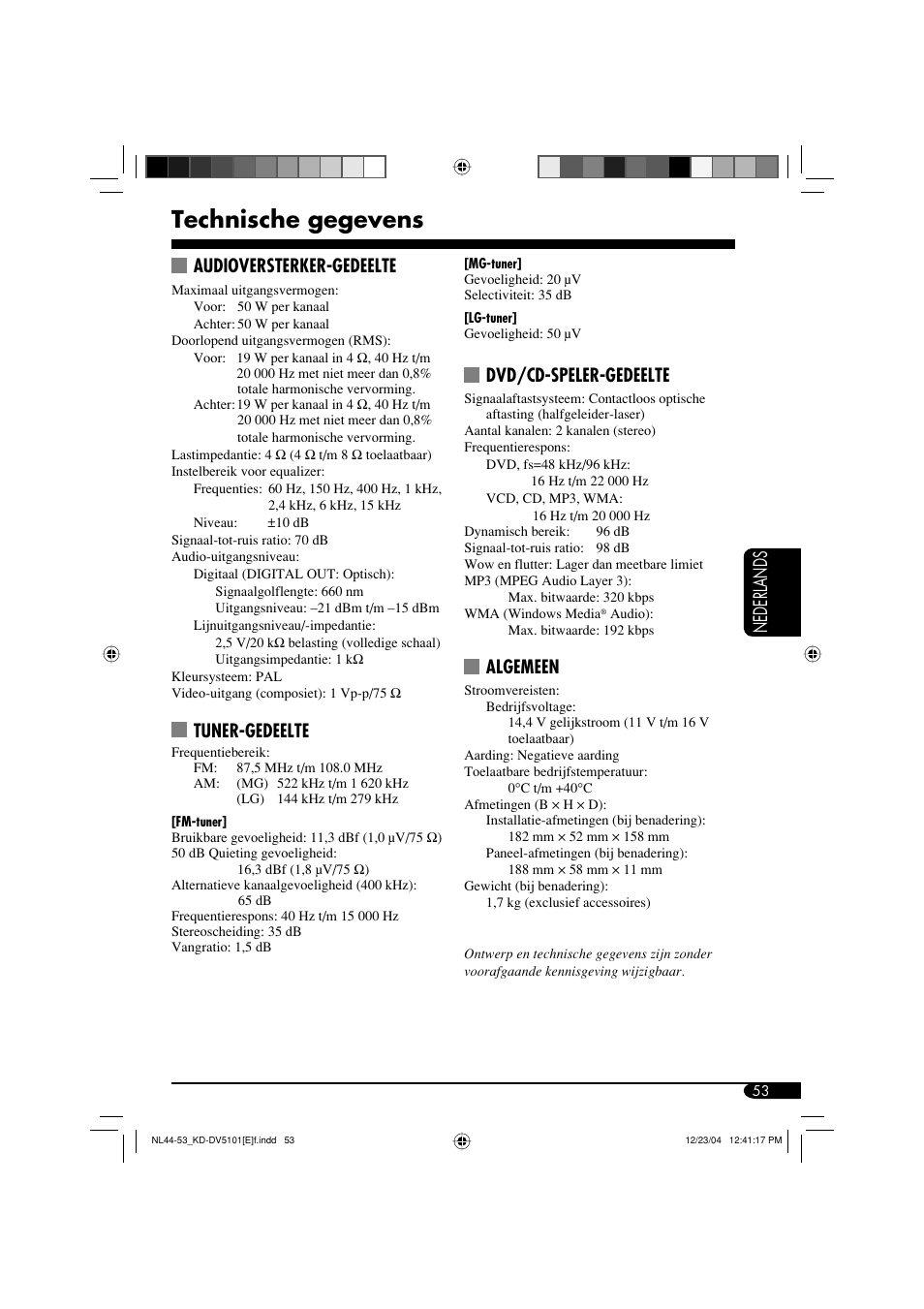 Technische gegevens, Nederlands, Audioversterker-gedeelte | Tuner-gedeelte, Dvd/cd-speler-gedeelte, Algemeen | JVC KD-DV5101 User Manual | Page 209 / 211