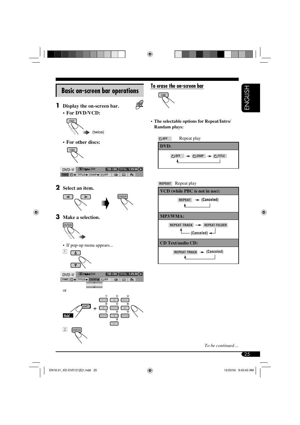Basic on-screen bar operations, English, Display the on-screen bar. • for dvd/vcd | For other discs, Select an item, Make a selection | JVC KD-DV5101 User Manual | Page 25 / 211