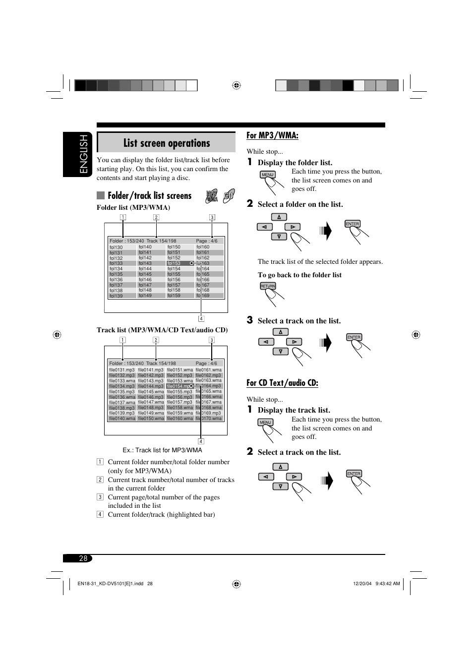 List screen operations, English, Folder/track list screens | For mp3/wma, For cd text/audio cd | JVC KD-DV5101 User Manual | Page 28 / 211