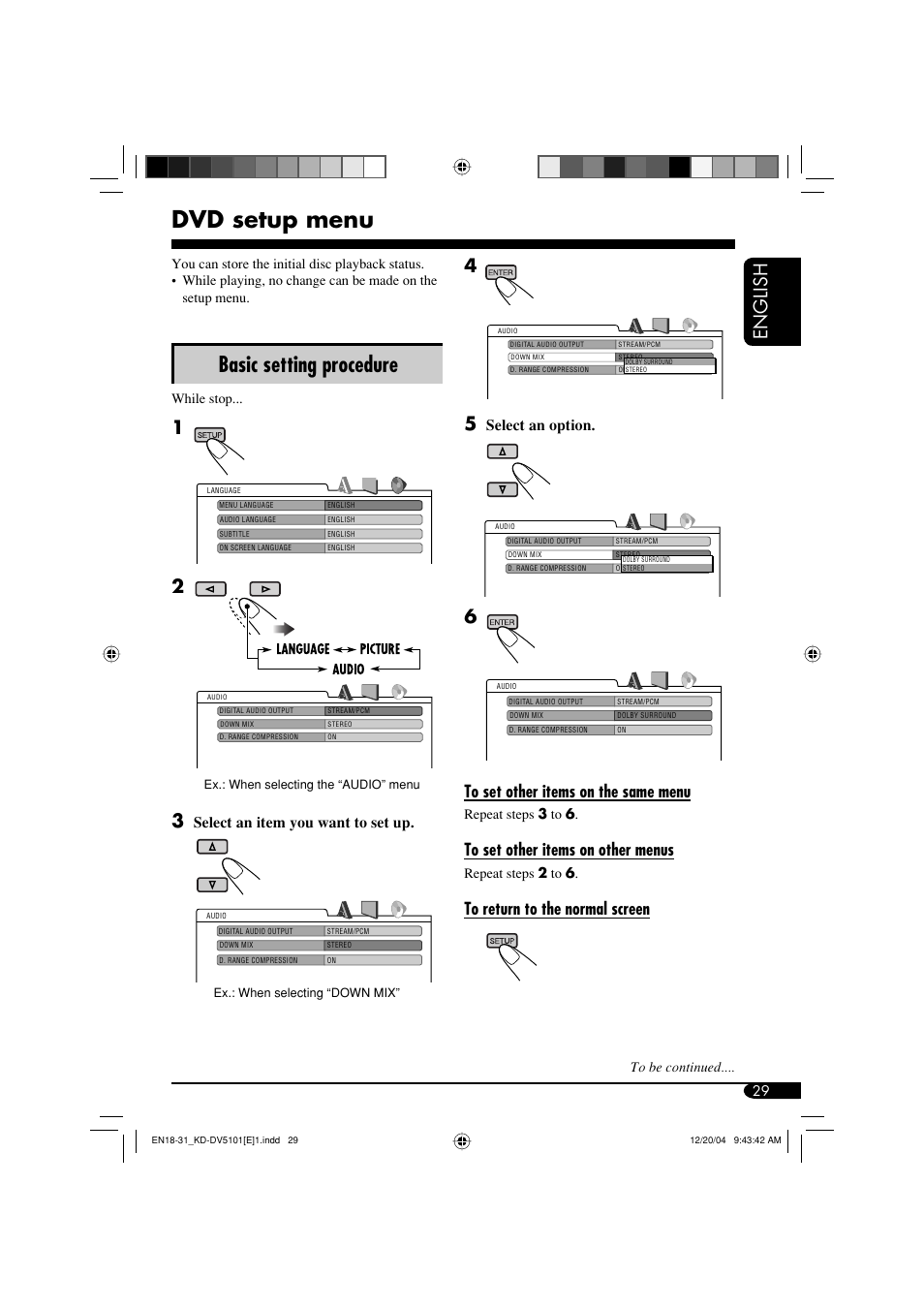 Dvd setup menu, Basic setting procedure, English | Select an item you want to set up, Select an option | JVC KD-DV5101 User Manual | Page 29 / 211