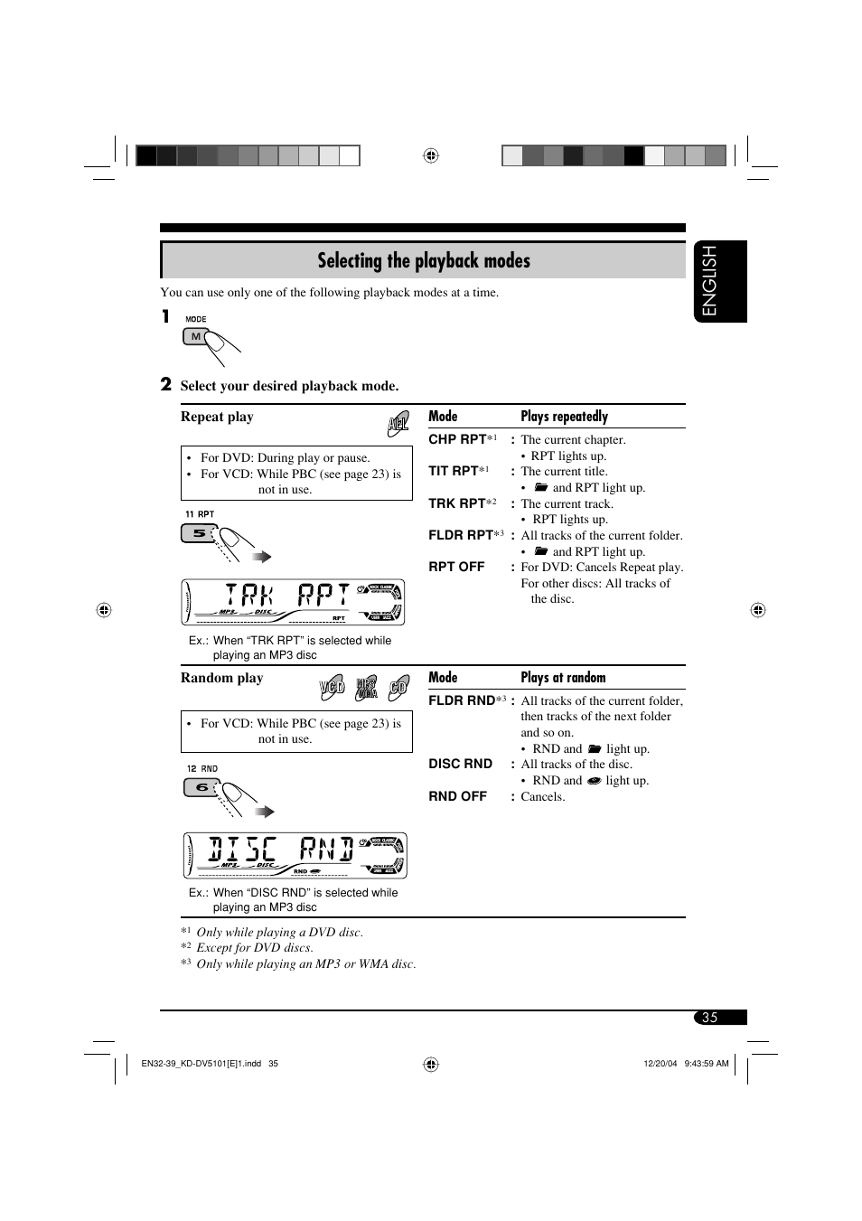 Selecting the playback modes, English | JVC KD-DV5101 User Manual | Page 35 / 211