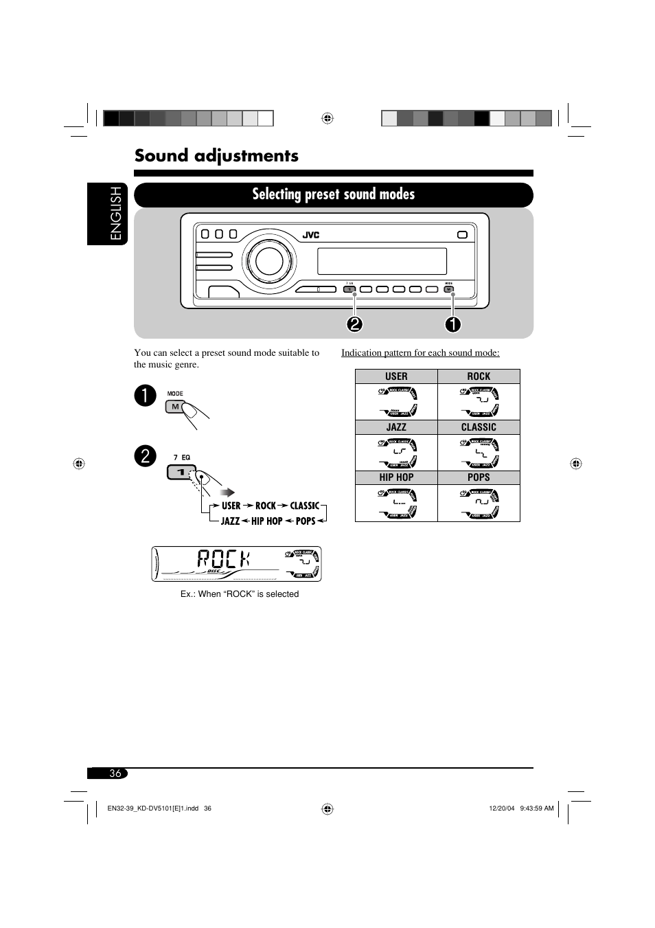 Sound adjustments, Selecting preset sound modes | JVC KD-DV5101 User Manual | Page 36 / 211