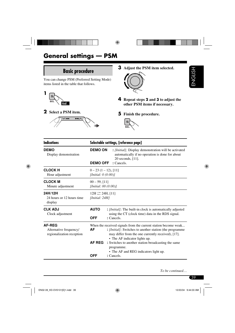 General settings — psm, Basic procedure, English | JVC KD-DV5101 User Manual | Page 39 / 211