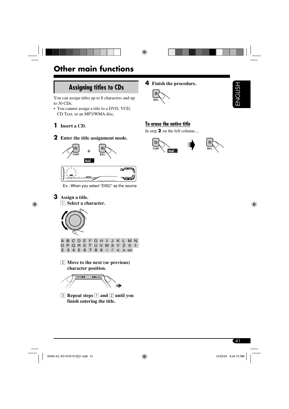 Other main functions, Assigning titles to cds, English | JVC KD-DV5101 User Manual | Page 41 / 211