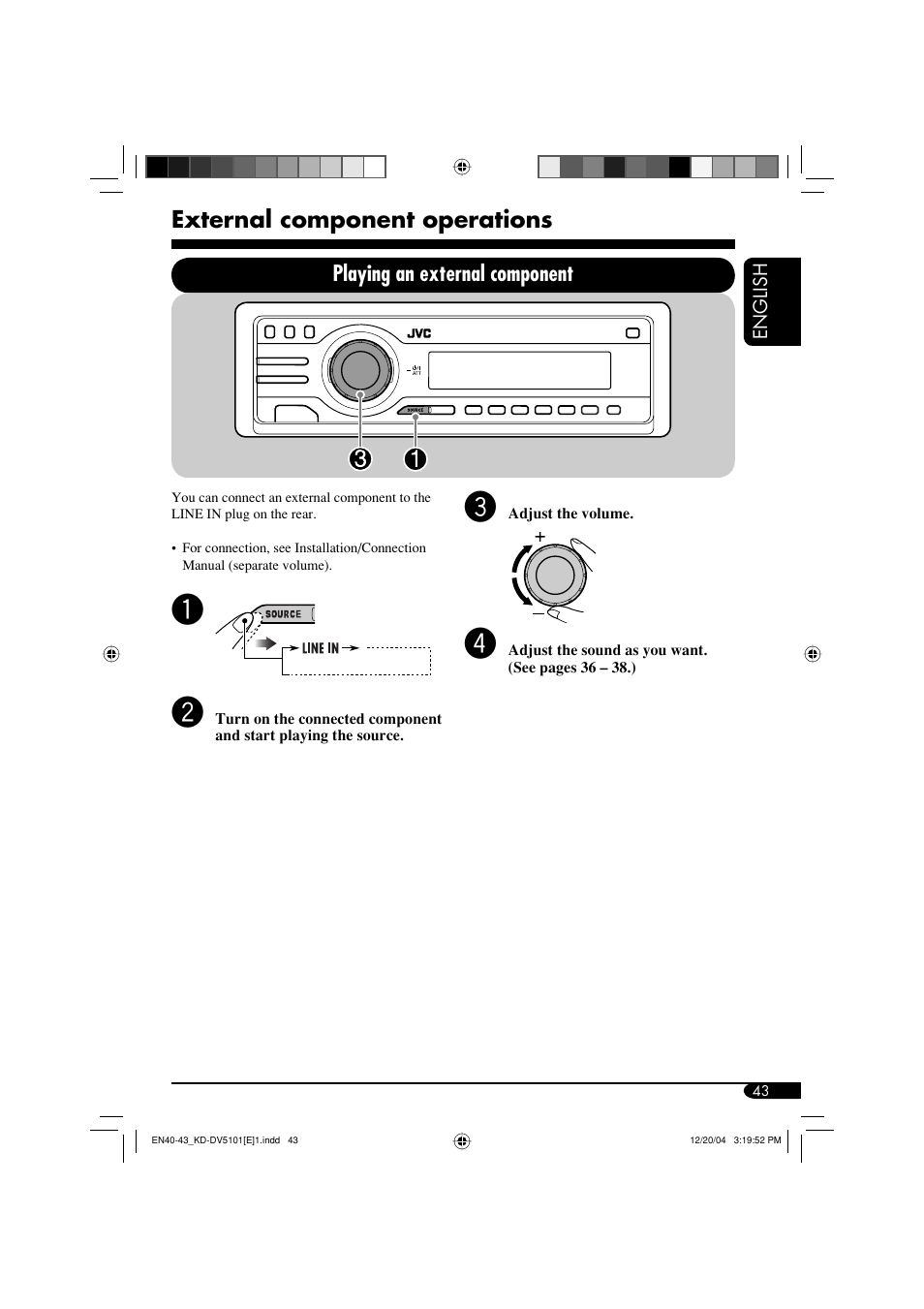 External component operations, Playing an external component | JVC KD-DV5101 User Manual | Page 43 / 211