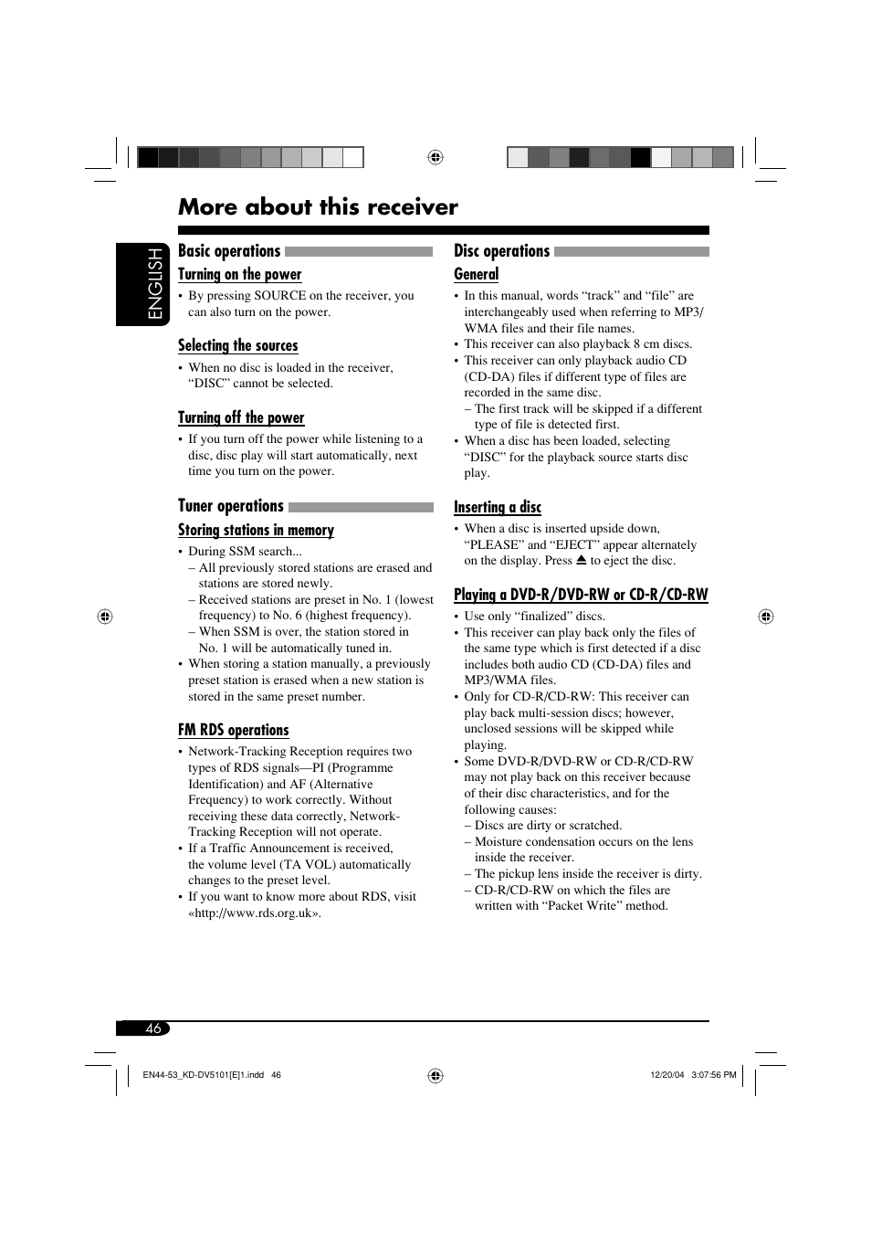 More about this receiver, English, Basic operations | Tuner operations, Disc operations | JVC KD-DV5101 User Manual | Page 46 / 211
