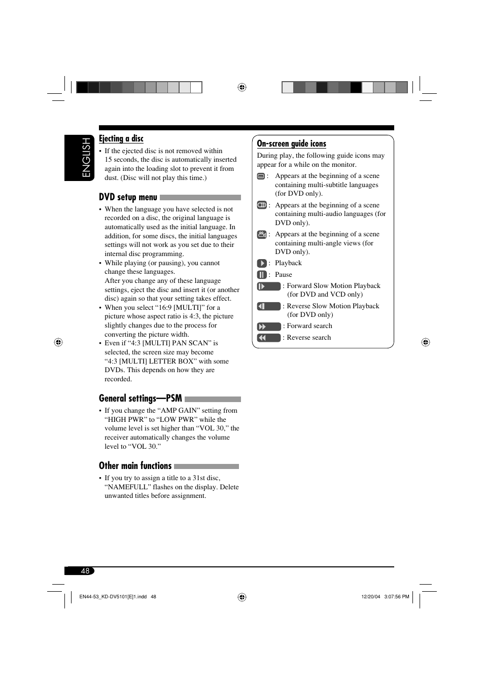 English, Dvd setup menu, General settings—psm | Other main functions | JVC KD-DV5101 User Manual | Page 48 / 211