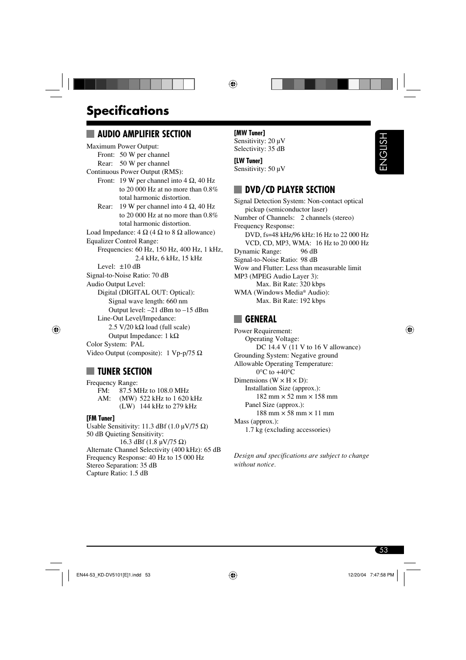 Specifications, English, General | JVC KD-DV5101 User Manual | Page 53 / 211