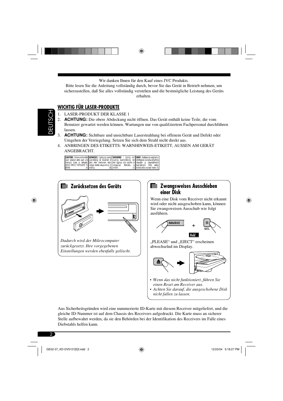 Deutsch zurücksetzen des geräts, Zwangsweises ausschieben einer disk | JVC KD-DV5101 User Manual | Page 54 / 211