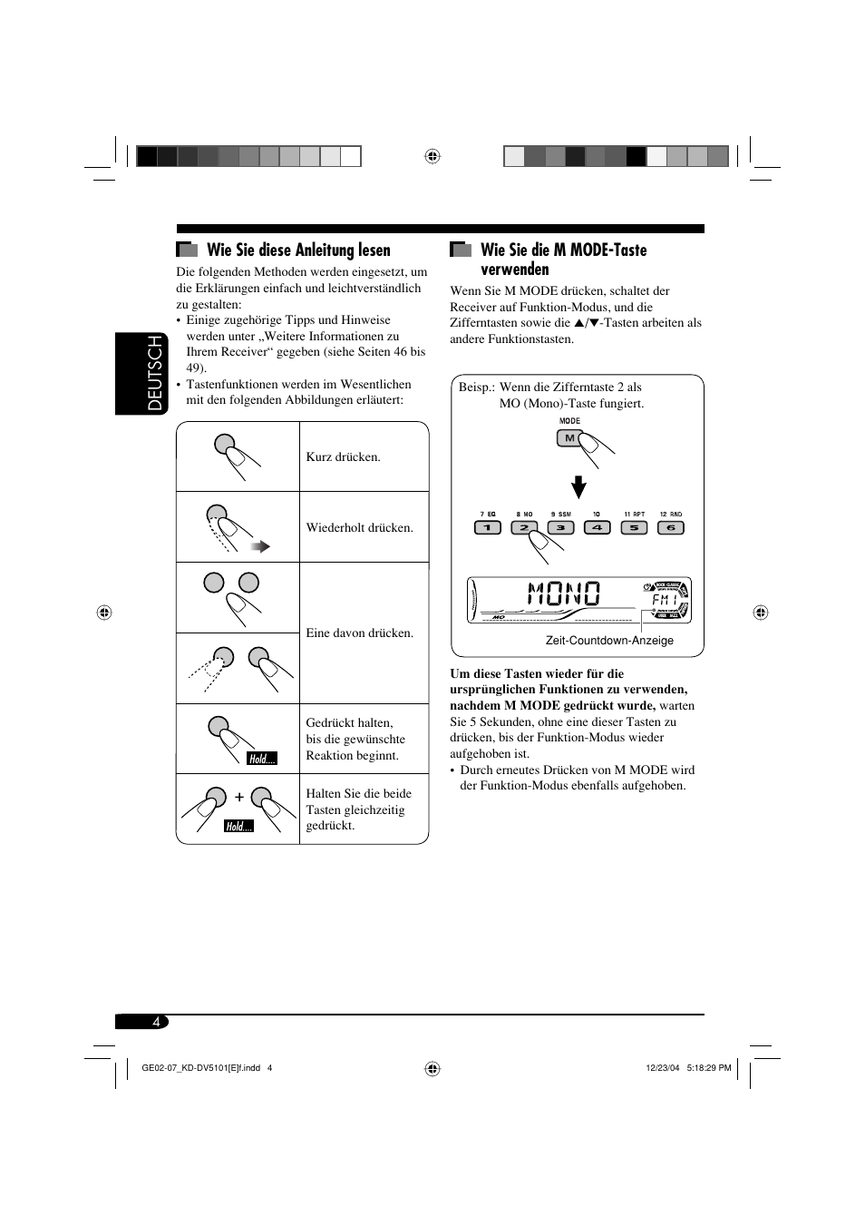 Deutsch wie sie diese anleitung lesen, Wie sie die m mode-taste verwenden | JVC KD-DV5101 User Manual | Page 56 / 211