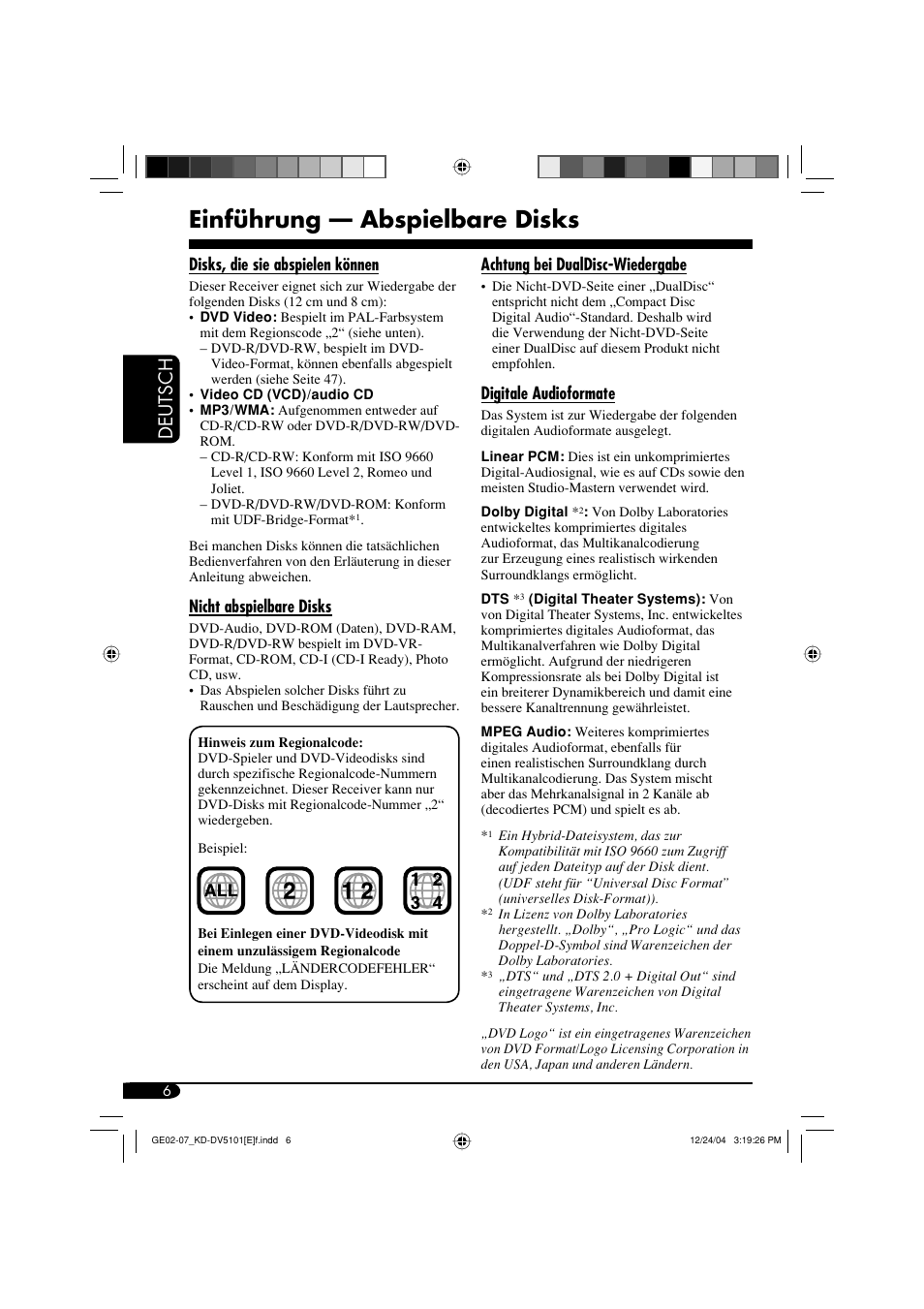 Einführung — abspielbare disks, Deutsch | JVC KD-DV5101 User Manual | Page 58 / 211