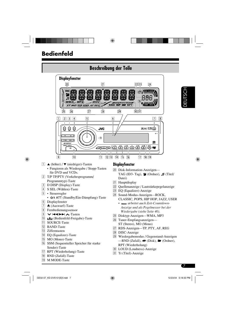 Bedienfeld, Beschreibung der teile, Deutsch | JVC KD-DV5101 User Manual | Page 59 / 211