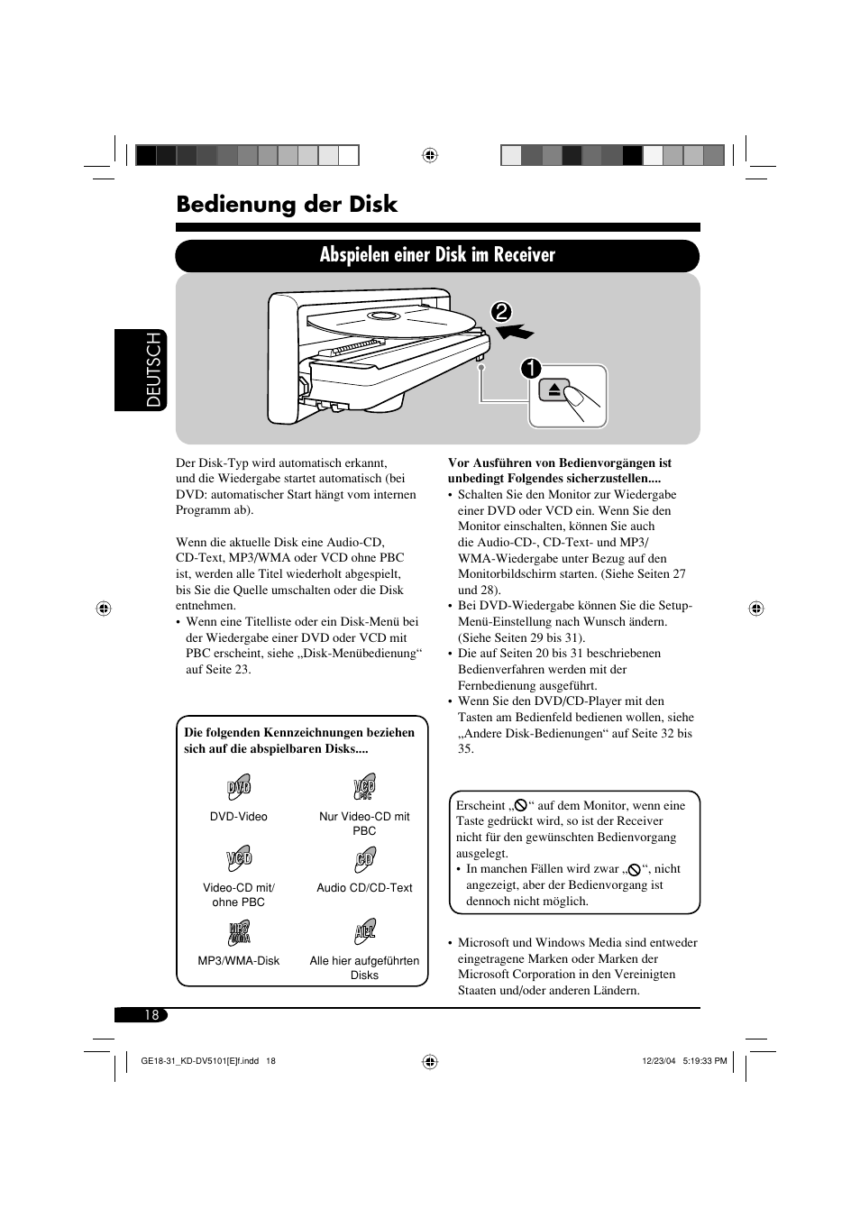 Bedienung der disk, Abspielen einer disk im receiver, Deutsch | JVC KD-DV5101 User Manual | Page 70 / 211