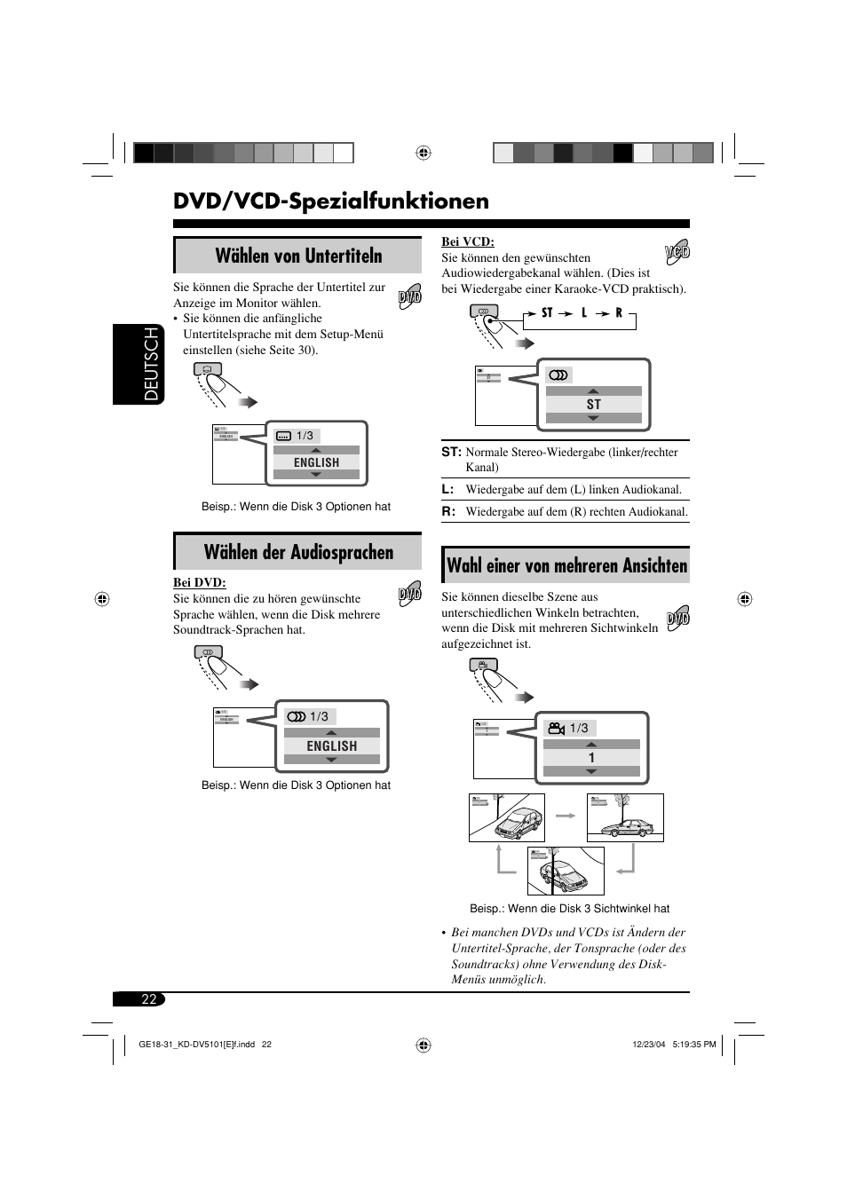 Dvd/vcd-spezialfunktionen, Wählen von untertiteln, Wählen der audiosprachen | Wahl einer von mehreren ansichten, Deutsch | JVC KD-DV5101 User Manual | Page 74 / 211
