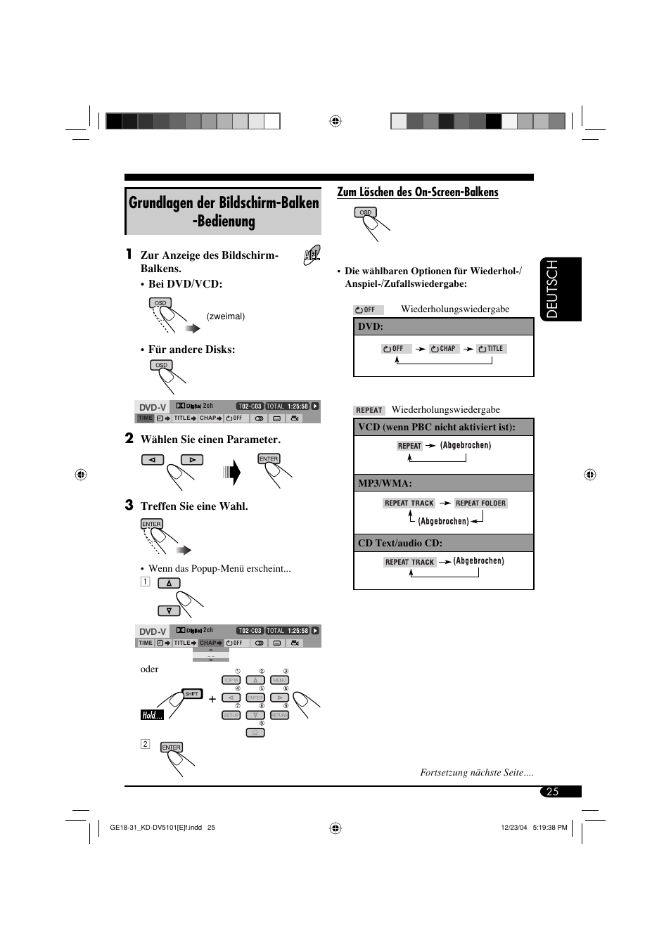 Grundlagen der bildschirm-balken -bedienung, Deutsch, Zum löschen des on-screen-balkens | JVC KD-DV5101 User Manual | Page 77 / 211