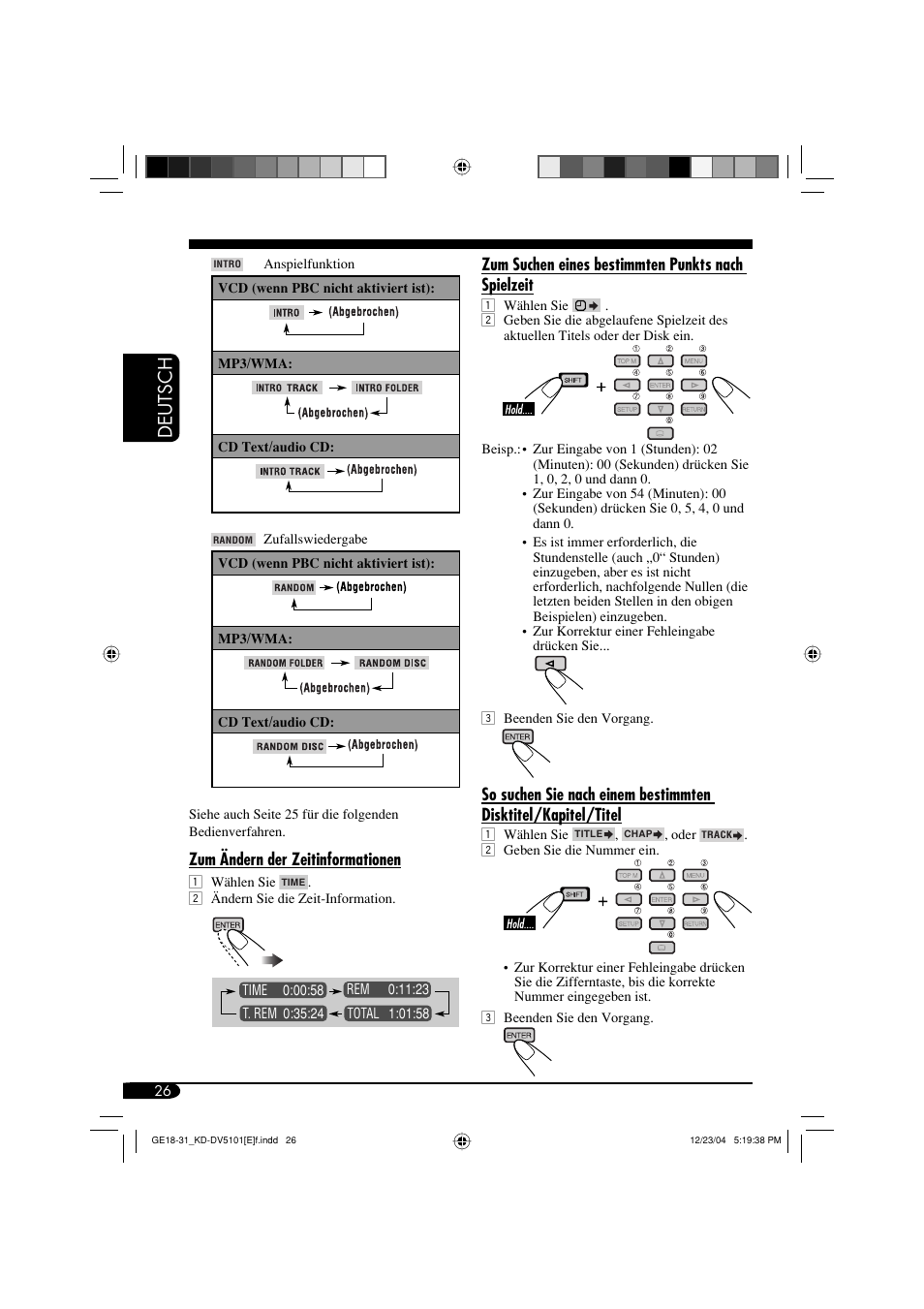 Deutsch, Zum ändern der zeitinformationen, Zum suchen eines bestimmten punkts nach spielzeit | JVC KD-DV5101 User Manual | Page 78 / 211