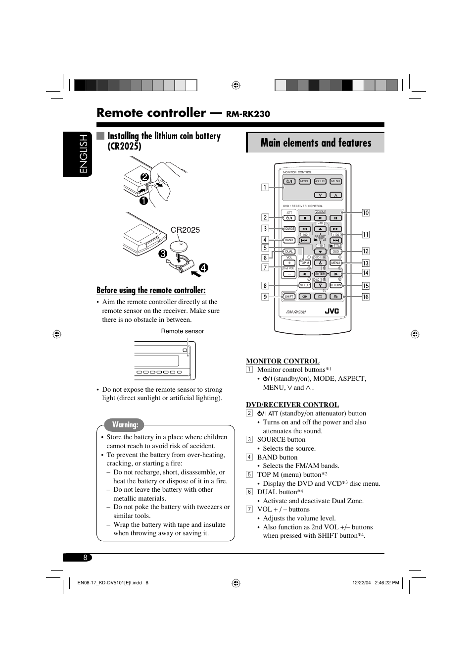 Remote controller, Main elements and features, English | Installing the lithium coin battery (cr2025), Before using the remote controller, Rm-rk230, Warning | JVC KD-DV5101 User Manual | Page 8 / 211