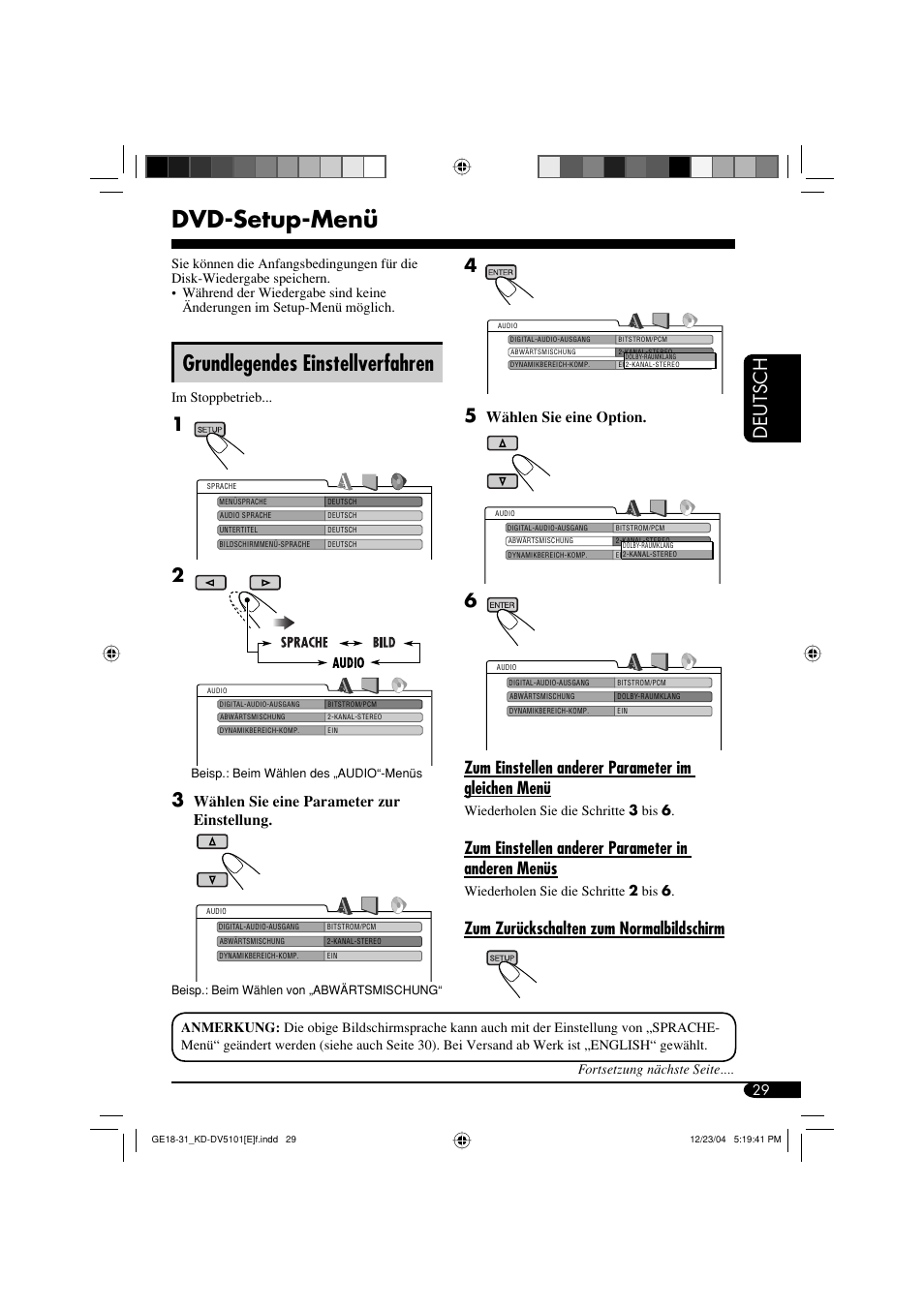 Dvd-setup-menü, Grundlegendes einstellverfahren, Deutsch | Zum einstellen anderer parameter im gleichen menü, Zum einstellen anderer parameter in anderen menüs, Zum zurückschalten zum normalbildschirm, Wählen sie eine parameter zur einstellung, Wählen sie eine option | JVC KD-DV5101 User Manual | Page 81 / 211