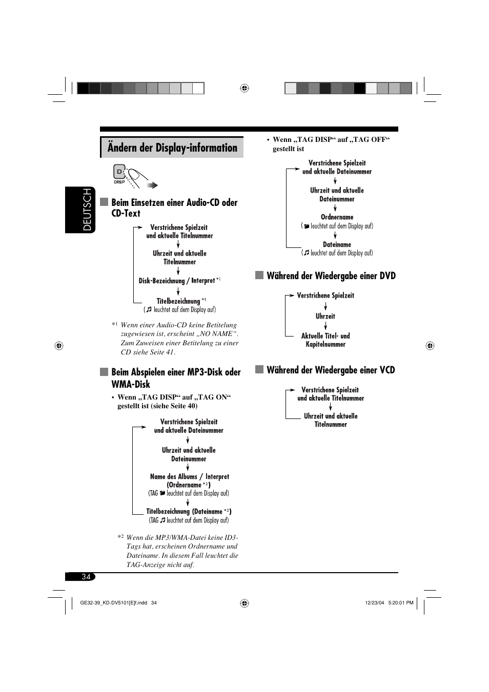 Ändern der display-information, Deutsch, Beim einsetzen einer audio-cd oder cd-text | Beim abspielen einer mp3-disk oder wma-disk | JVC KD-DV5101 User Manual | Page 86 / 211