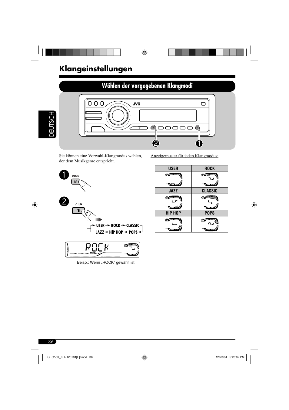 Klangeinstellungen, Wählen der vorgegebenen klangmodi | JVC KD-DV5101 User Manual | Page 88 / 211