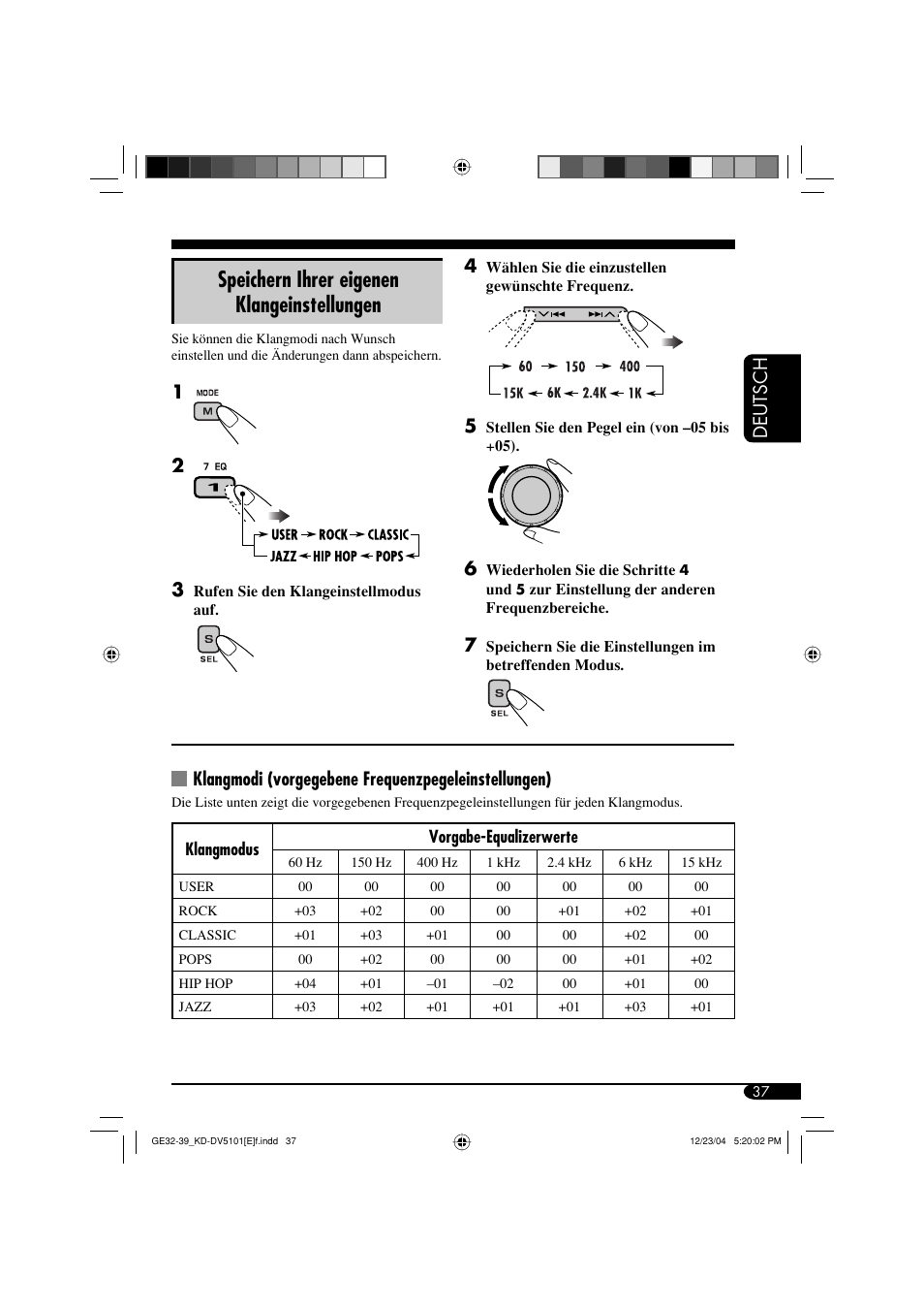 Speichern ihrer eigenen klangeinstellungen, Deutsch 4, Klangmodi (vorgegebene frequenzpegeleinstellungen) | JVC KD-DV5101 User Manual | Page 89 / 211