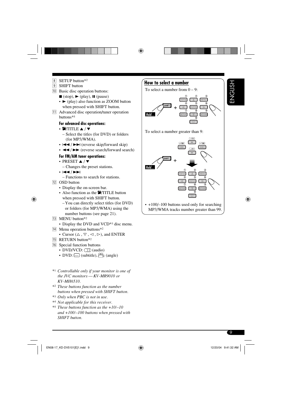 English, How to select a number | JVC KD-DV5101 User Manual | Page 9 / 211