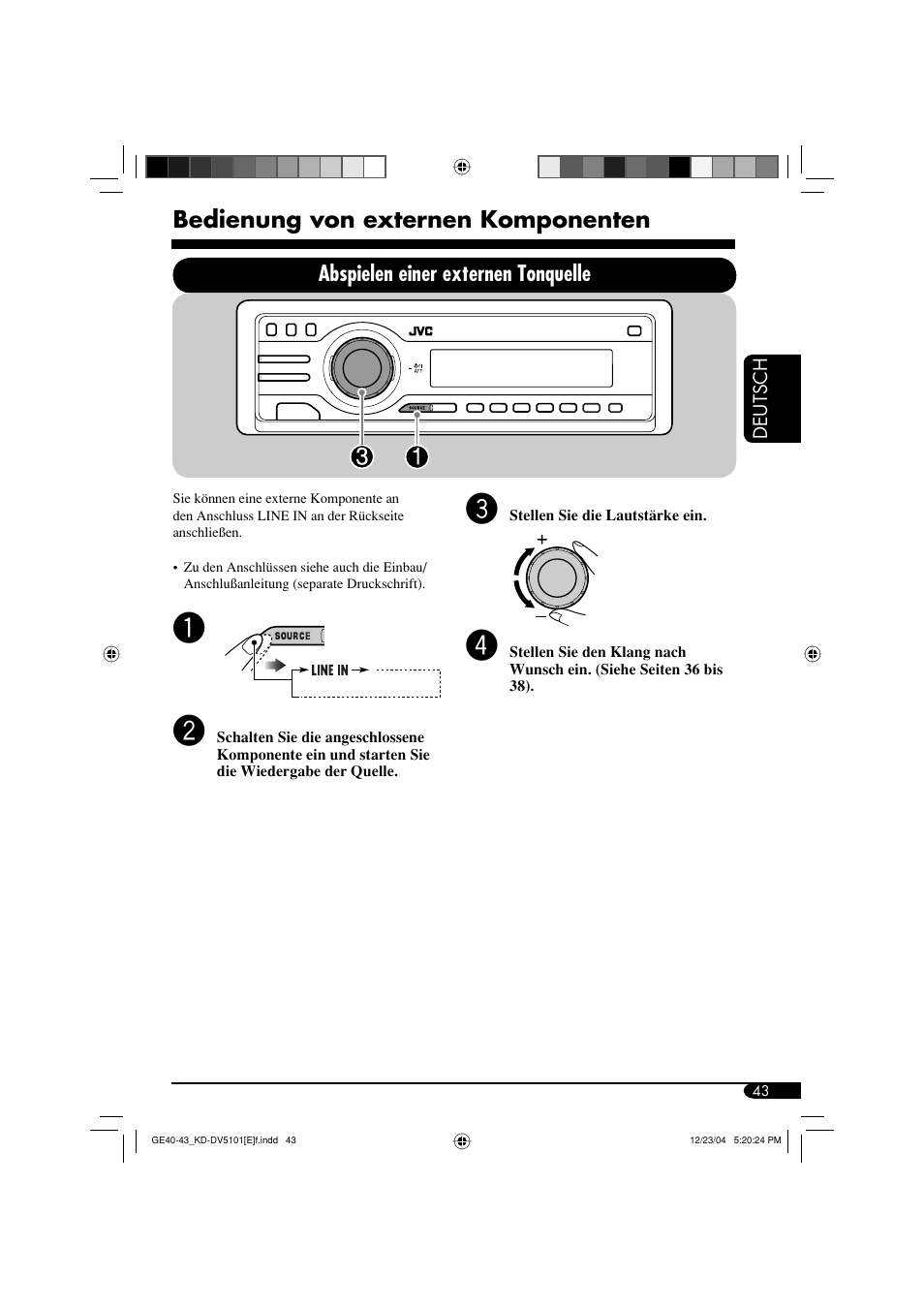 Bedienung von externen komponenten, Abspielen einer externen tonquelle | JVC KD-DV5101 User Manual | Page 95 / 211