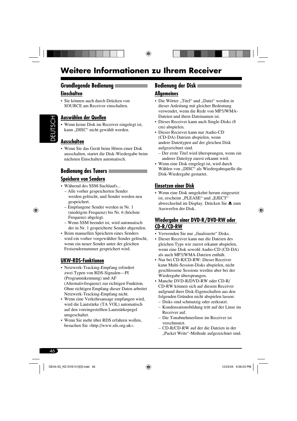 Weitere informationen zu ihrem receiver, Deutsch, Grundlegende bedienung | Bedienung des tuners, Bedienung der disk | JVC KD-DV5101 User Manual | Page 98 / 211