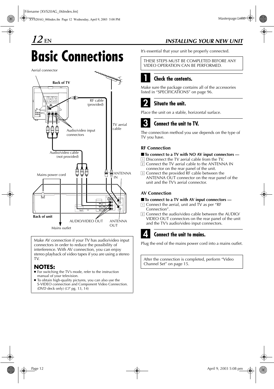 Installing your new unit, Basic connections, Pg. 12 | Pg. 12, 1 | JVC LPT0762-001B User Manual | Page 12 / 100